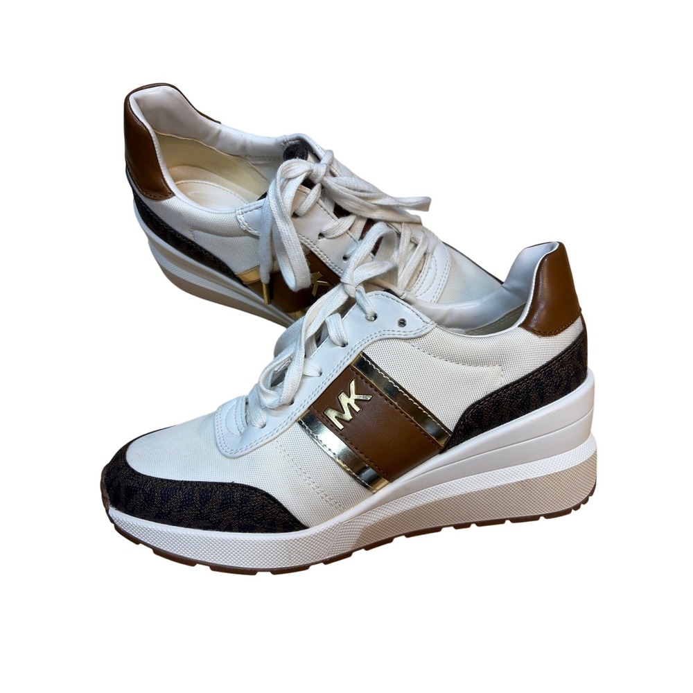 Michael Kors Georgie Wedge Sneakers‎ Brown White Logo LS21B Womens 7M